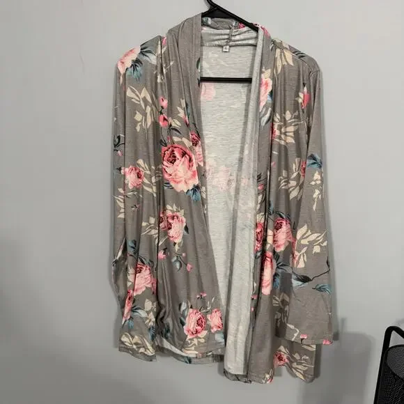 Unbranded Gray Open Front Cardigan Women's Size XL Floral Lightweight Cover Up - Picture 1 of 6